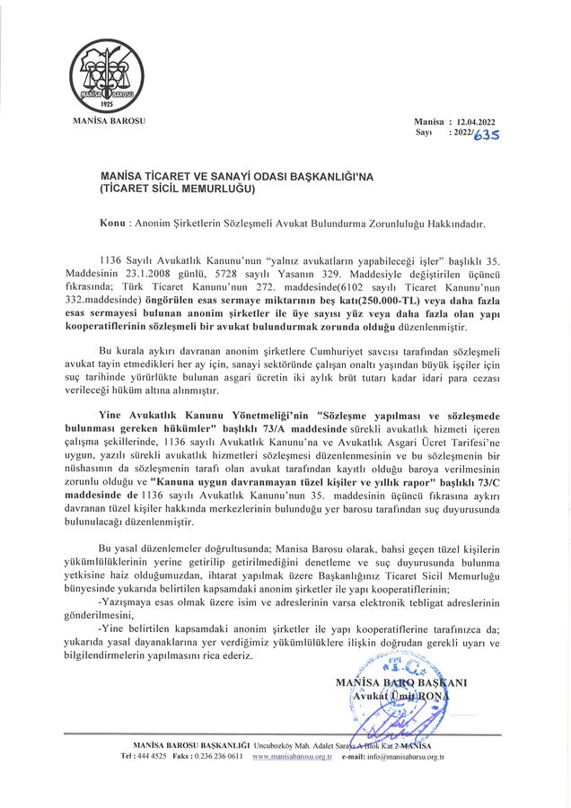 ANONİM ŞİRKETLERDE SÖZLEŞMELİ AVUKAT BULUNDURMA ZORUNLULUĞU HAKKINDA TİCARET VE SANAYİ ODASI BAŞKANLIKLARINA BAŞVURU
