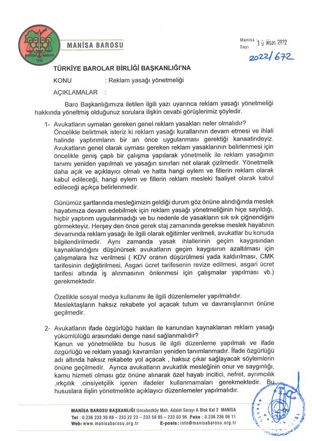 Reklam Yasağı Yönetmeliği ile ilgili Türkiye Barolar Birliği'ne sunulan görüş önerisi