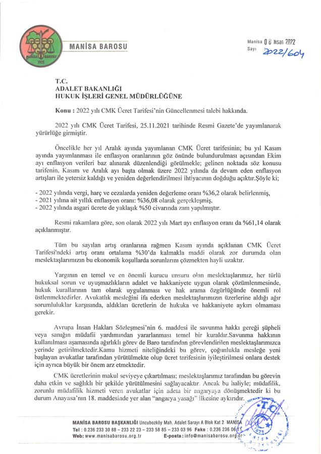 2022 Yılı CMK Ücret Tarifesi'nin Güncellenmesi Talebi Hakkında