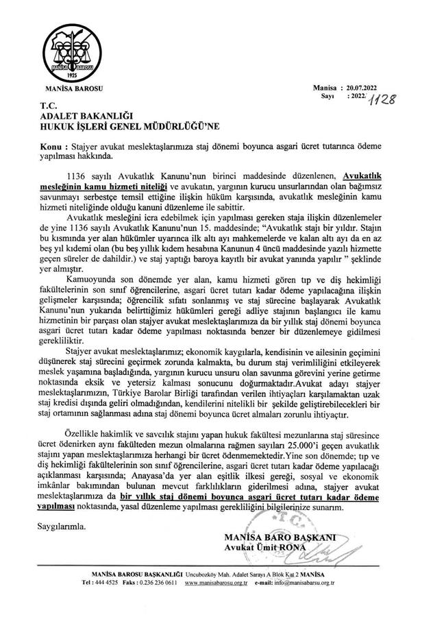 Stajyer avukat meslektaşlarımıza staj dönemi boyunca asgari ücret tutarınca ödeme yapılması hakkında