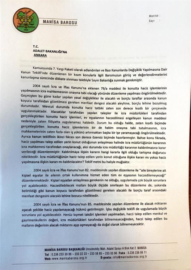 7.Yargı Paketi ile ilgili Adalet Bakanlığı'na Yazılan Yazı