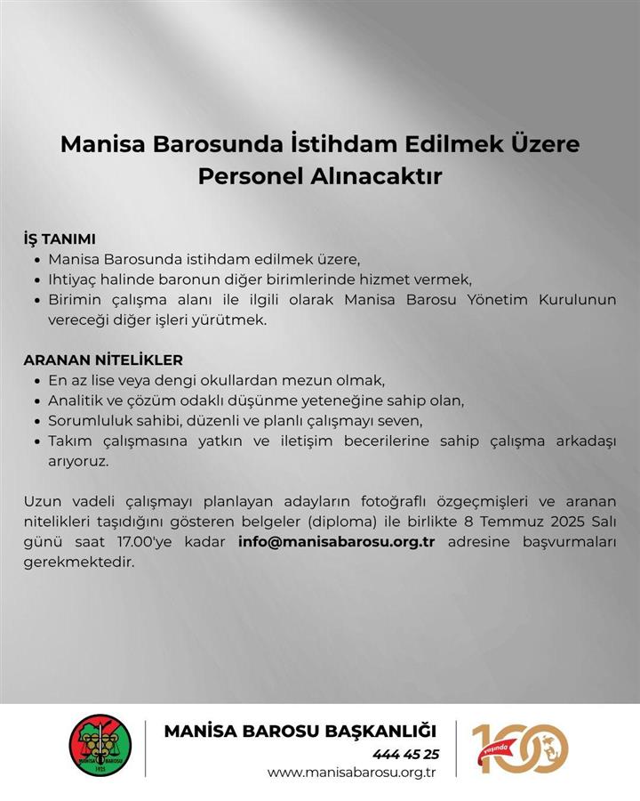 Manisa Barosunda İstihdam Edilmek Üzere Personel Alınacaktır